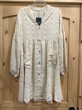 Cream Textured Button-Front Babydoll Tunic